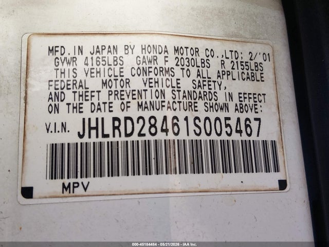 2001 Honda Cr-v Lx მანქანა იყიდება აუქციონზე, vin: JHLRD28461S005467, აუქციონის ნომერი: 45184484