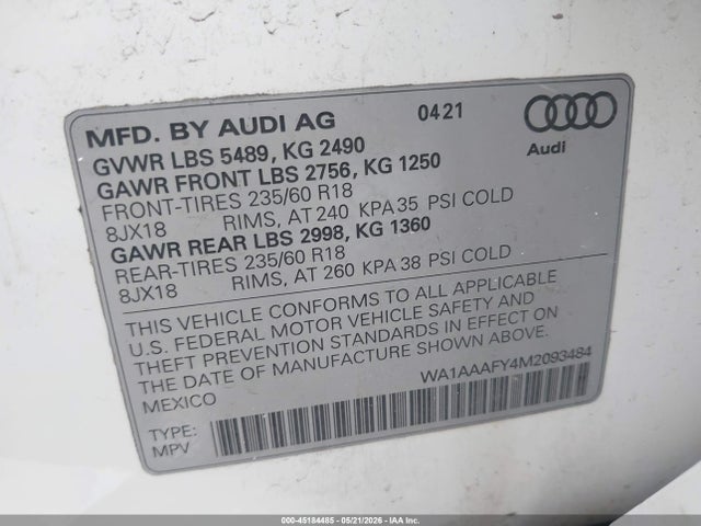 2021 Audi Q5 Premium 45 Tfsi Quattro S Tronic მანქანა იყიდება აუქციონზე, vin: WA1AAAFY4M2093484, აუქციონის ნომერი: 45184485