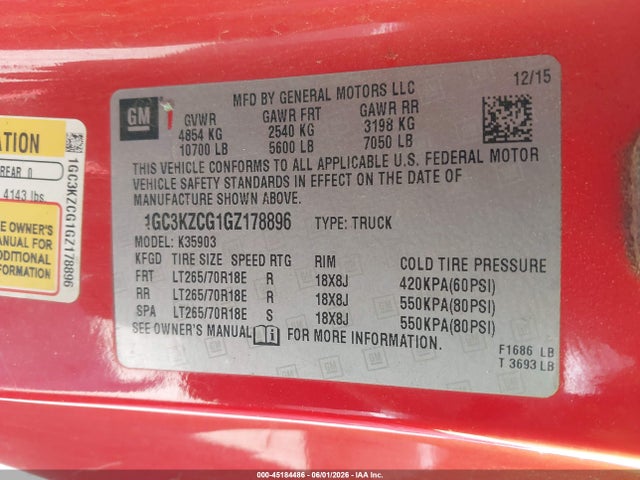Продаж на аукціоні авто 2016 Chevrolet Silverado 3500hd Lt, vin: 1GC3KZCG1GZ178896, номер лоту: 45184486