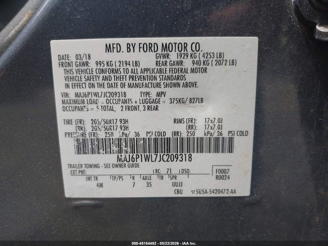 Aukcja sprzedaży 2018 Ford Ecosport Titanium, vin: MAJ6P1WL7JC209318, numer aukcji: 45184492