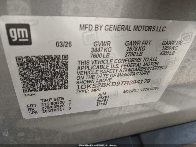 45184500 :رقم المزاد ، 1GKS2BKD9TR284179 vin ، 2026 Gmc Yukon 4wd Elevation مزاد بيع