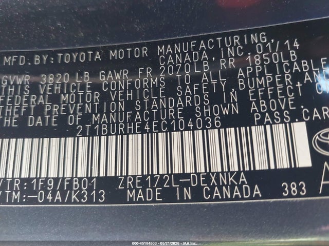 45184503 :رقم المزاد ، 2T1BURHE4EC104036 vin ، 2014 Toyota Corolla Le مزاد بيع