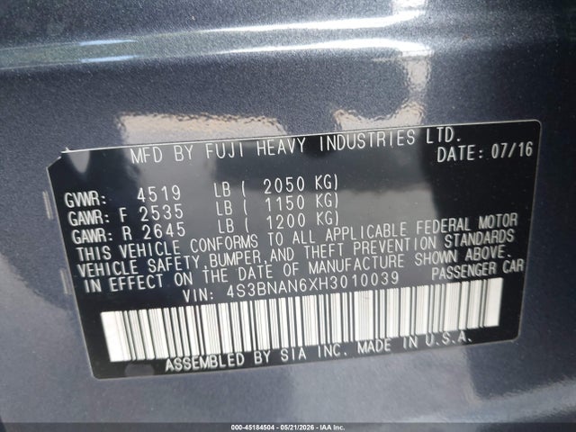 2017 Subaru Legacy 2.5i Limited მანქანა იყიდება აუქციონზე, vin: 4S3BNAN6XH3010039, აუქციონის ნომერი: 45184504
