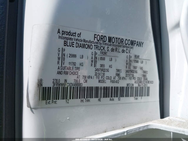 45184510 :رقم المزاد ، 3FRWW6FCXDV498883 vin ، 2013 Ford F-650 Xl/xlt مزاد بيع