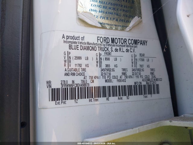 45184512 :رقم المزاد ، 3FRWW6FC8DV498879 vin ، 2013 Ford F-650 Xl/xlt مزاد بيع