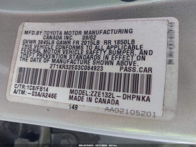 Aukcja sprzedaży 2003 Toyota Matrix Xr, vin: 2T1KR32E03C084923, numer aukcji: 45184534