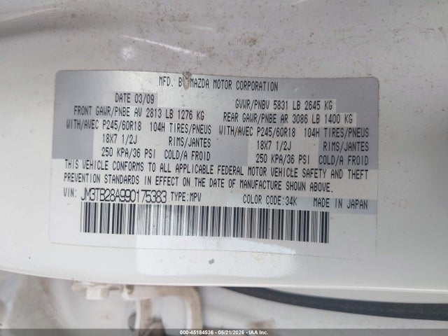 Aukcja sprzedaży 2009 Mazda Cx-9 Sport, vin: JM3TB28A990175383, numer aukcji: 45184536