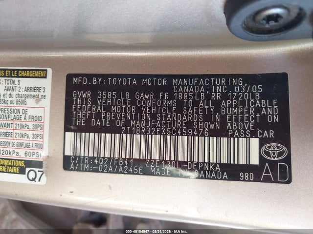 Aukcja sprzedaży 2005 Toyota Corolla Le, vin: 2T1BR32EX5C459476, numer aukcji: 45184547