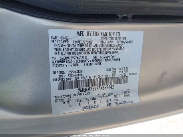 45184550 :رقم المزاد ، 2MEHM75V27X632142 vin ، 2007 Mercury Grand Marquis Ls مزاد بيع