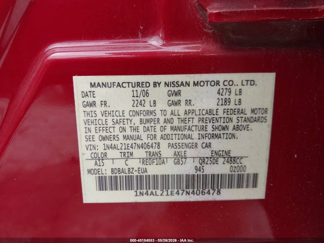 Aukcja sprzedaży 2007 Nissan Altima 2.5 S, vin: 1N4AL21E47N406478, numer aukcji: 45184553