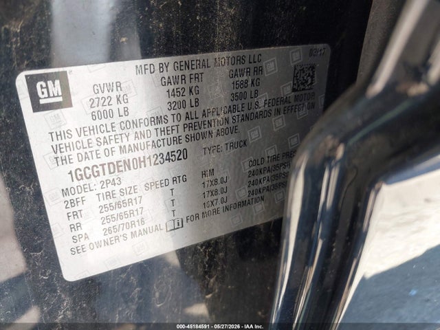 45184591 :رقم المزاد ، 1GCGTDEN0H1234520 vin ، 2017 Chevrolet Colorado Z71 مزاد بيع