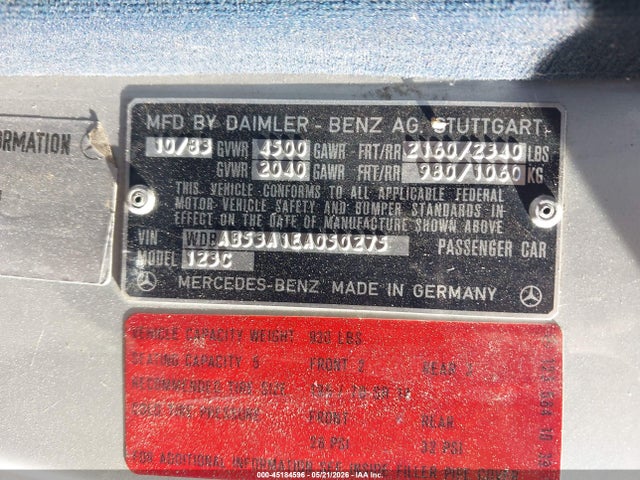 Aukcja sprzedaży 1984 Mercedes-benz 300 Cdt, vin: WDBAB53A1EA050275, numer aukcji: 45184596
