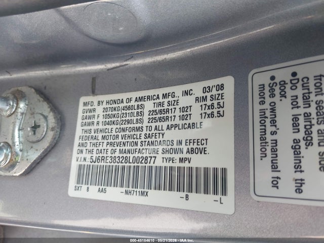 Aukcja sprzedaży 2008 Honda Cr-v Lx, vin: 5J6RE38328L002877, numer aukcji: 45184610