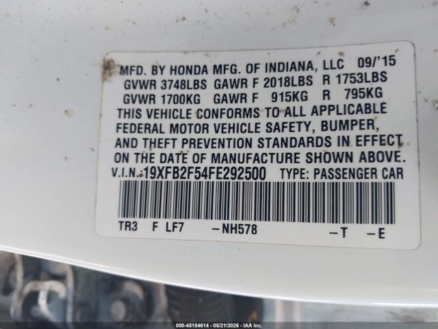 Продаж на аукціоні авто 2015 Honda Civic Lx, vin: 19XFB2F54FE292500, номер лоту: 45184614