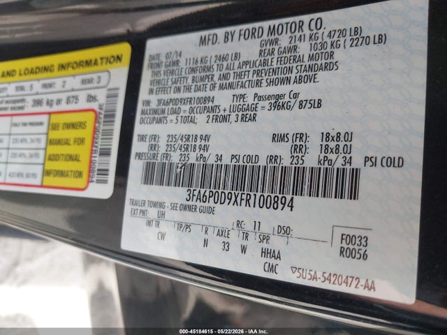 Продажа на аукционе авто 2015 Ford Fusion Titanium, vin: 3FA6P0D9XFR100894, номер лота: 45184615