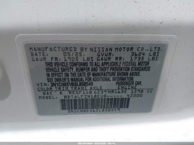 Продажа на аукционе авто 2025 Nissan Versa 1.6 Sv, vin: 3N1CN8EV6SL858549, номер лота: 45184629
