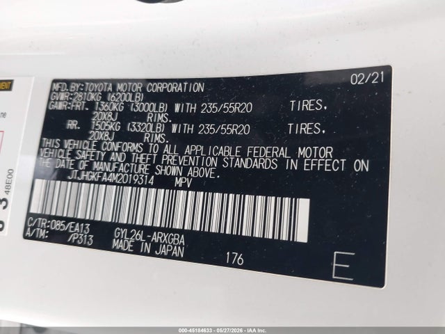 Aukcja sprzedaży 2021 Lexus Rx 450hl, vin: JTJHGKFA4M2019314, numer aukcji: 45184633