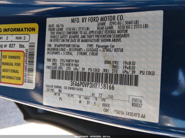Продаж на аукціоні авто 2017 Ford Fusion Sport, vin: 3FA6P0VP3HR158166, номер лоту: 45184638