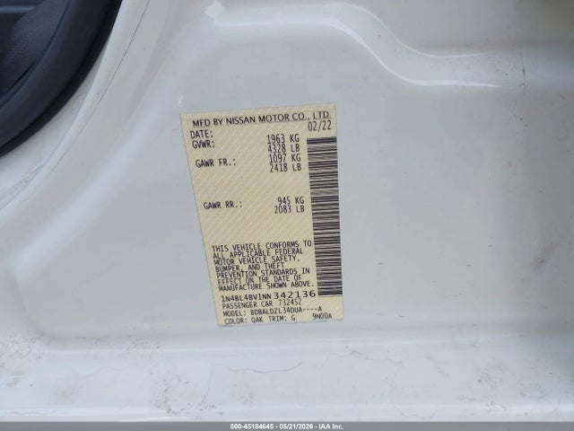 Auction sale of the 2022 Nissan Altima S Fwd, vin: 1N4BL4BV1NN342136, lot number: 45184645