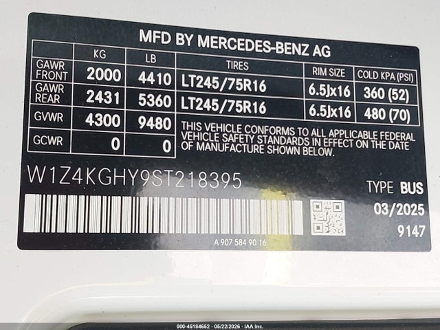45184652 :رقم المزاد ، W1Z4KGHY9ST218395 vin ، 2025 Mercedes-benz Sprinter 2500 High Roof 4-cyl Diesel مزاد بيع
