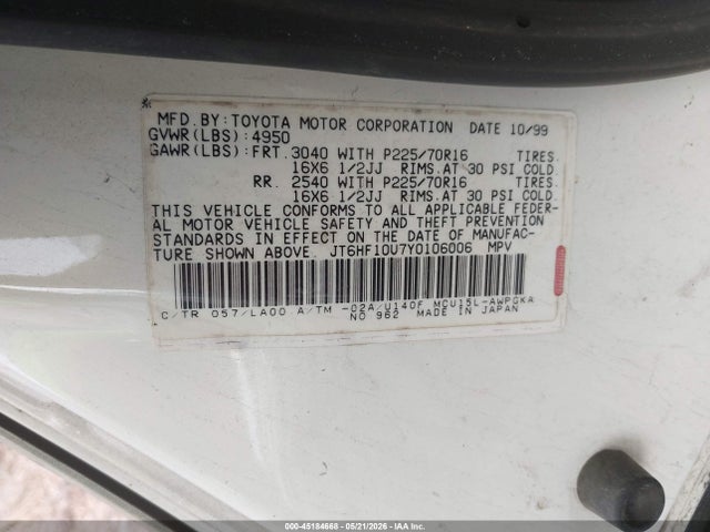 2000 Lexus Rx 300 მანქანა იყიდება აუქციონზე, vin: JT6HF10U7Y0106006, აუქციონის ნომერი: 45184668