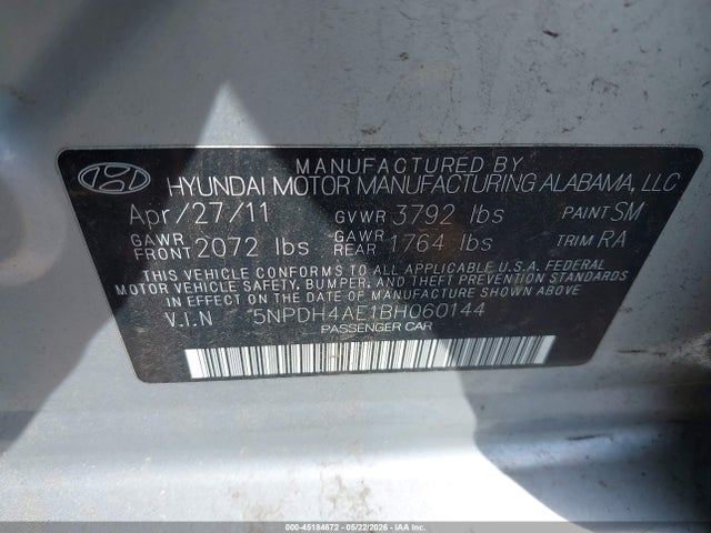 45184672 :رقم المزاد ، 5NPDH4AE1BH060144 vin ، 2011 Hyundai Elantra Gls مزاد بيع