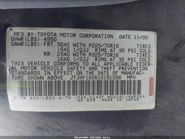 Aukcja sprzedaży 2001 Lexus Rx 300, vin: JTJHF10U610191058, numer aukcji: 45184684