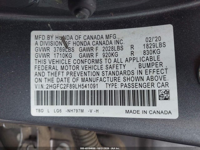 45184699 :رقم المزاد ، 2HGFC2F89LH541091 vin ، 2020 Honda Civic Sport مزاد بيع