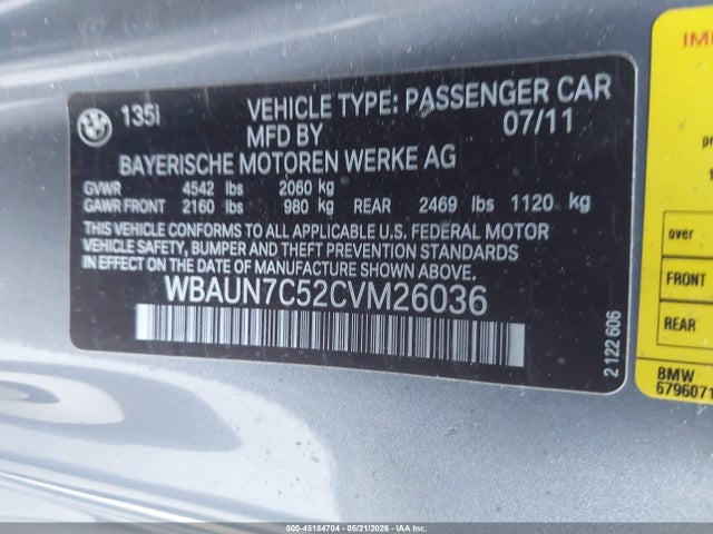 Aukcja sprzedaży 2012 Bmw 135i, vin: WBAUN7C52CVM26036, numer aukcji: 45184704
