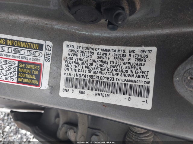 2008 Honda Civic Lx მანქანა იყიდება აუქციონზე, vin: 1HGFA15558L001593, აუქციონის ნომერი: 45184710