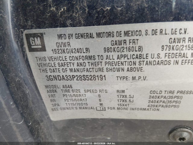 45184713 :رقم المزاد ، 3GNDA33P28S528191 vin ، 2008 Chevrolet Hhr Lt مزاد بيع