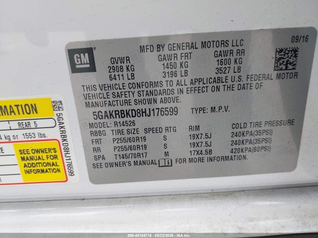 Aukcja sprzedaży 2017 Buick Enclave Leather, vin: 5GAKRBKD8HJ176599, numer aukcji: 45184716