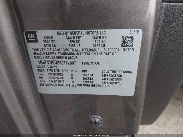 45184720 :رقم المزاد ، 1GKLVNED2AJ172067 vin ، 2010 Gmc Acadia Slt-2 مزاد بيع
