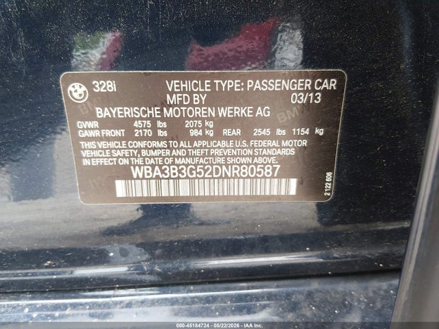 Aukcja sprzedaży 2013 Bmw 328i Xdrive, vin: WBA3B3G52DNR80587, numer aukcji: 45184724