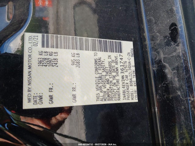 45184732 :رقم المزاد ، 1N4BL4EV1MN361747 vin ، 2021 Nissan Altima Sl Fwd مزاد بيع