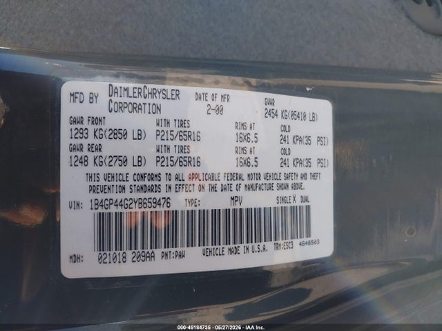 Продаж на аукціоні авто 2000 Dodge Grand Caravan Se, vin: 1B4GP44G2YB659476, номер лоту: 45184735