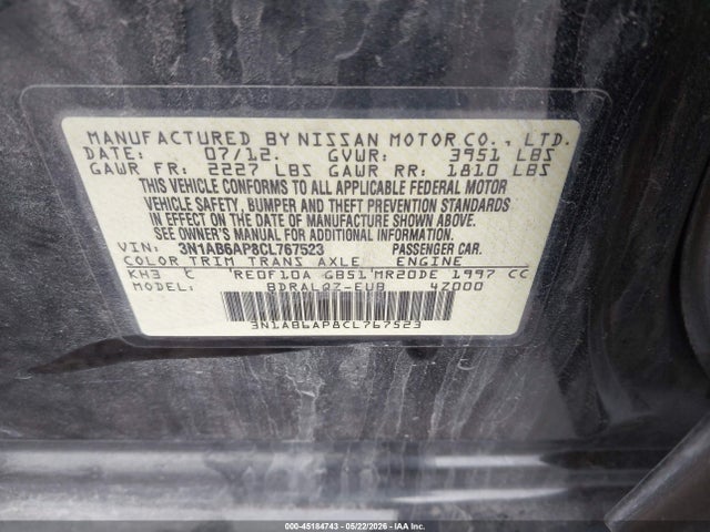 45184743 :رقم المزاد ، 3N1AB6AP8CL767523 vin ، 2012 Nissan Sentra 2.0 مزاد بيع