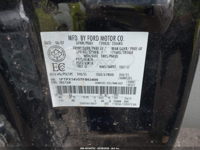 2007 Ford F-150 Fx4/lariat/xl/xlt მანქანა იყიდება აუქციონზე, vin: 1FTPX14V07FB63499, აუქციონის ნომერი: 45184752