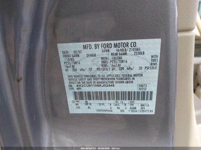 Aukcja sprzedaży 2008 Mercury Mariner V6, vin: 4M2CU91158KJ02448, numer aukcji: 45184753