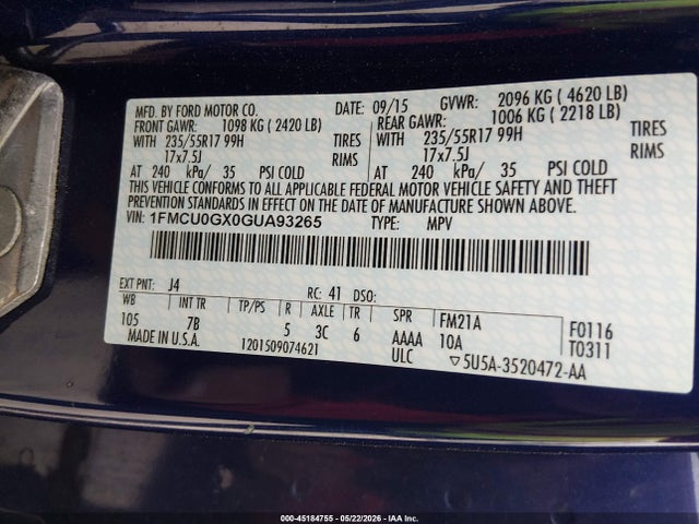 Продаж на аукціоні авто 2016 Ford Escape Se, vin: 1FMCU0GX0GUA93265, номер лоту: 45184755