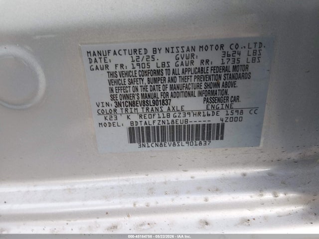 Aukcja sprzedaży 2025 Nissan Versa 1.6 Sv, vin: 3N1CN8EV8SL901837, numer aukcji: 45184758