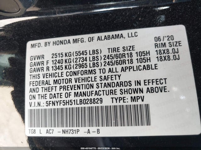 5FNYF5H51LB028829 Honda Pilot 2wd Ex-l