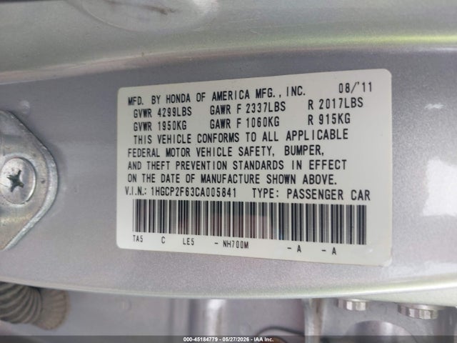 2012 Honda Accord 2.4 Se მანქანა იყიდება აუქციონზე, vin: 1HGCP2F63CA005841, აუქციონის ნომერი: 45184779