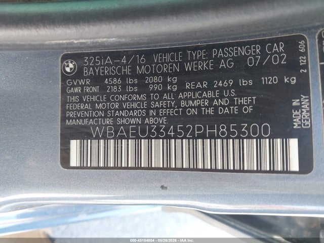 45184804 :رقم المزاد ، WBAEU33452PH85300 vin ، 2002 Bmw 325xi مزاد بيع