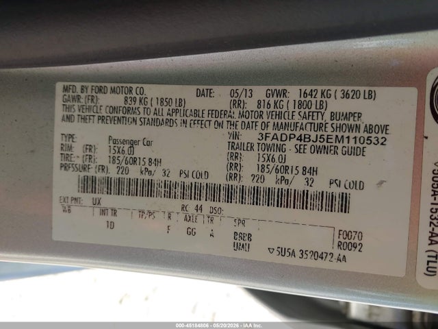 2014 Ford Fiesta Se მანქანა იყიდება აუქციონზე, vin: 3FADP4BJ5EM110532, აუქციონის ნომერი: 45184806