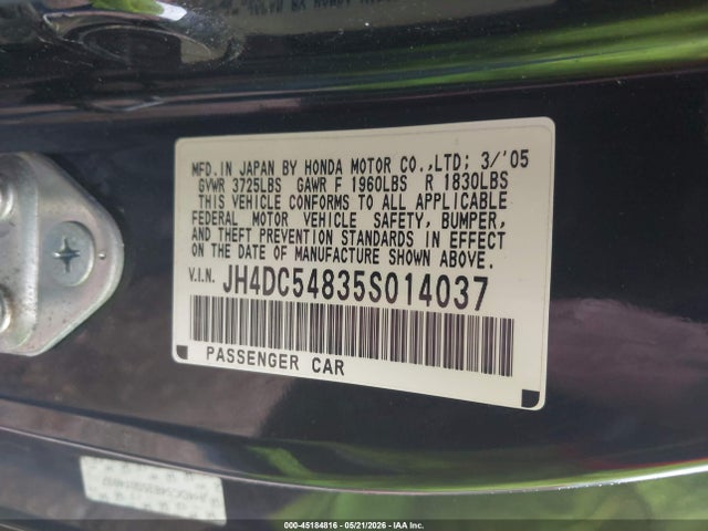 45184816 :رقم المزاد ، JH4DC54835S014037 vin ، 2005 Acura Rsx مزاد بيع
