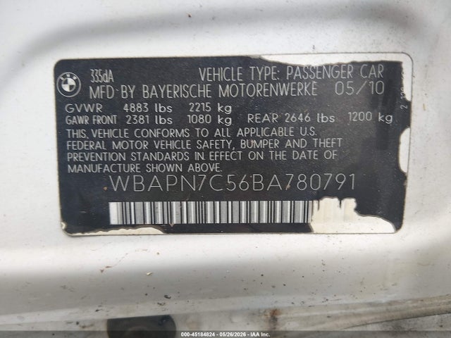 Продажа на аукционе авто 2011 Bmw 335d, vin: WBAPN7C56BA780791, номер лота: 45184824