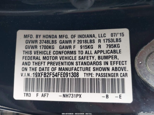 Продажа на аукционе авто 2015 Honda Civic Lx, vin: 19XFB2F54FE091308, номер лота: 45184830