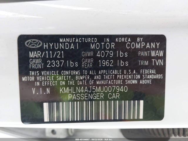 Aukcja sprzedaży 2021 Hyundai Elantra Hybrid Limited, vin: KMHLN4AJ5MU007940, numer aukcji: 45184857
