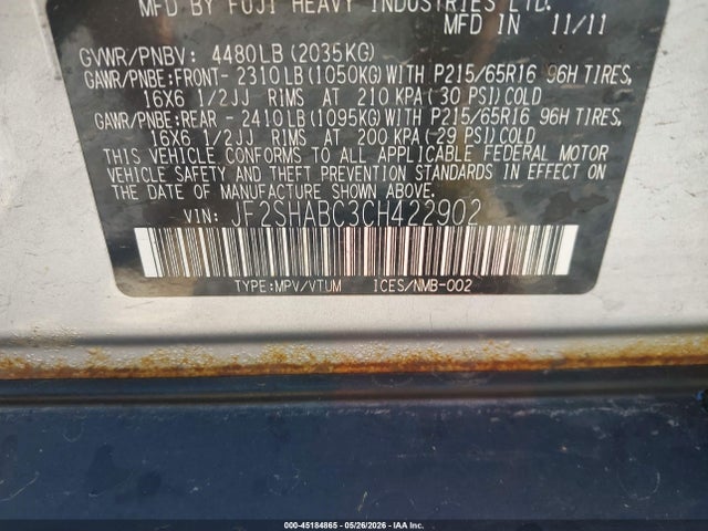 2012 Subaru Forester 2.5x მანქანა იყიდება აუქციონზე, vin: JF2SHABC3CH422902, აუქციონის ნომერი: 45184865